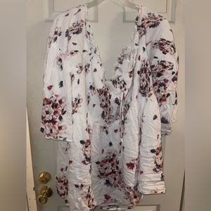 White floral challis lace-up off shoulder babydoll tunic